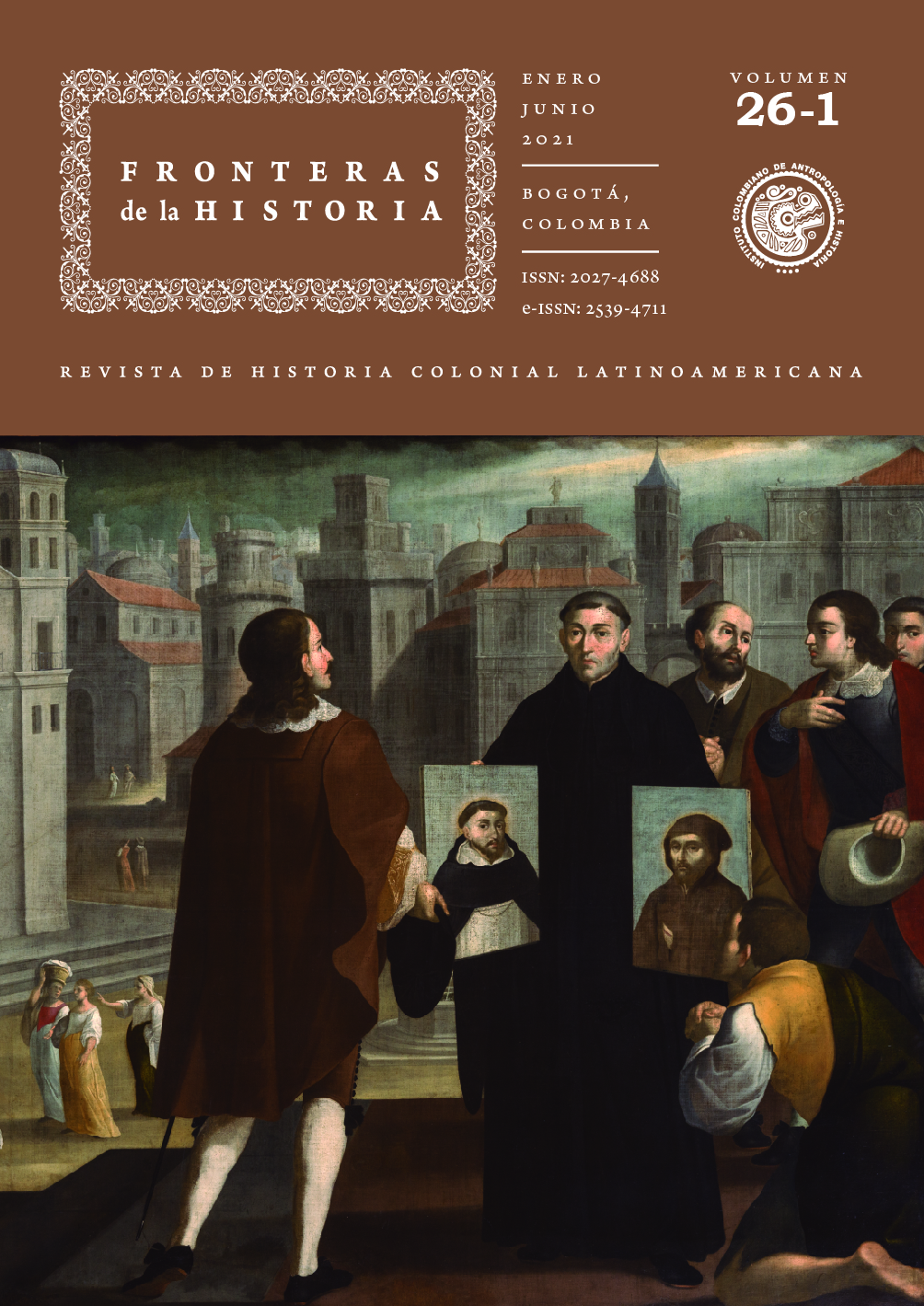Gregorio Vásquez de Arce y Ceballos (1638/1711), atribuido. El abad Joaquín de Fiore muestra los retratos anticipados de Santo Domingo de Guzmán y San Francisco de Asís. Ca. 1680, siglo XVII. Colección Museo Colonial.